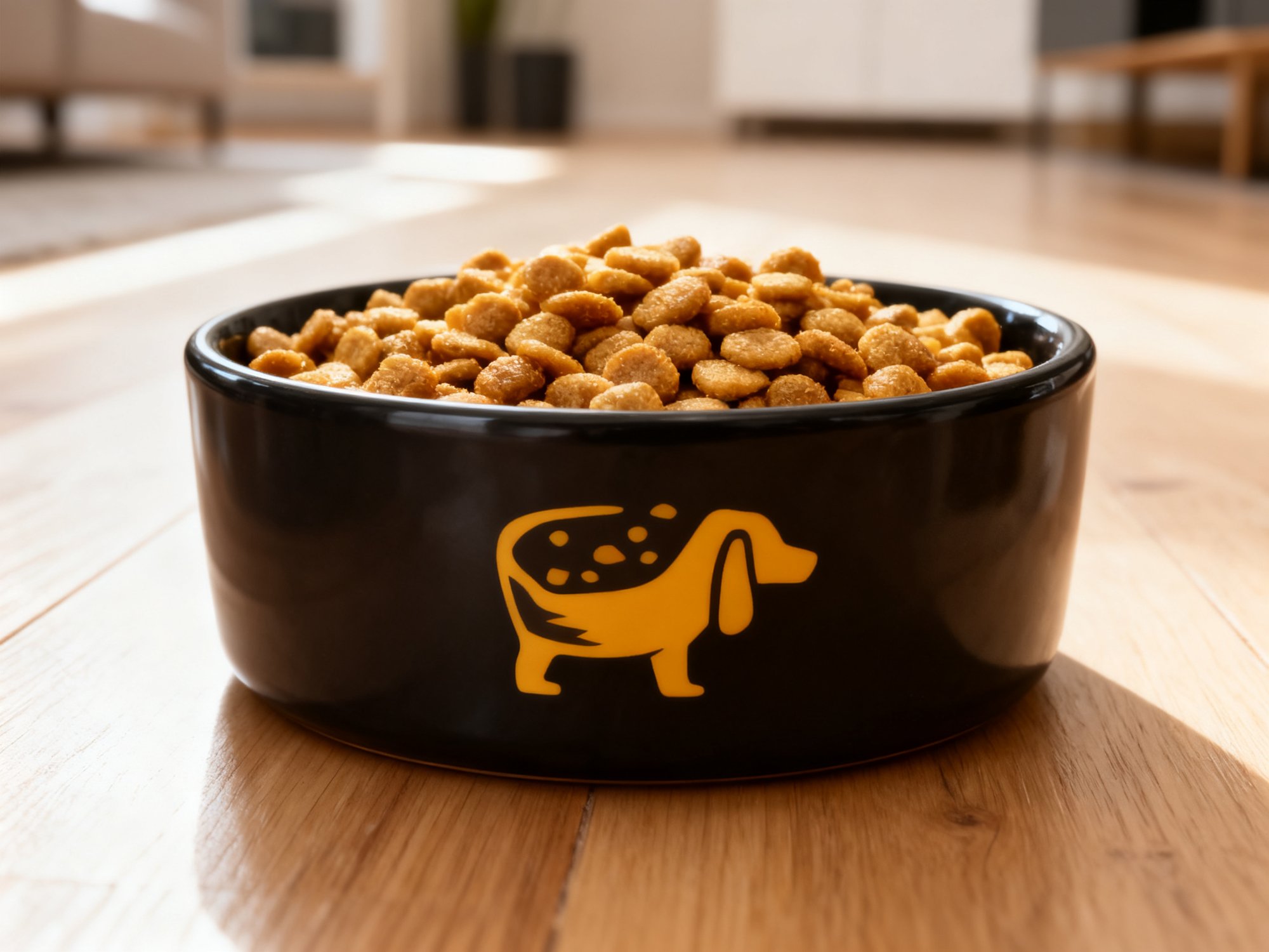 Black dog bowl with the Bowlful dog printed in yellow