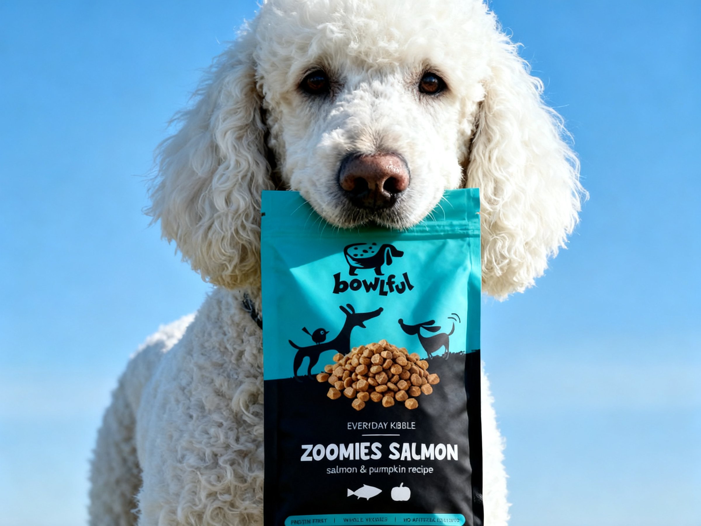 A white standard poodle holding a bag of Zoomies Salmon against a blue sky