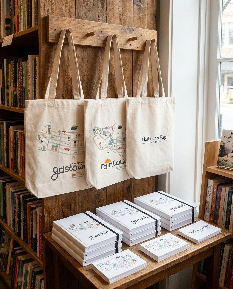 Map totes, planners and postcards inside the shop